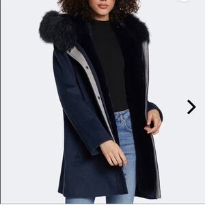 Dawn Levy Navy  Tiffany Fur Trim Coat